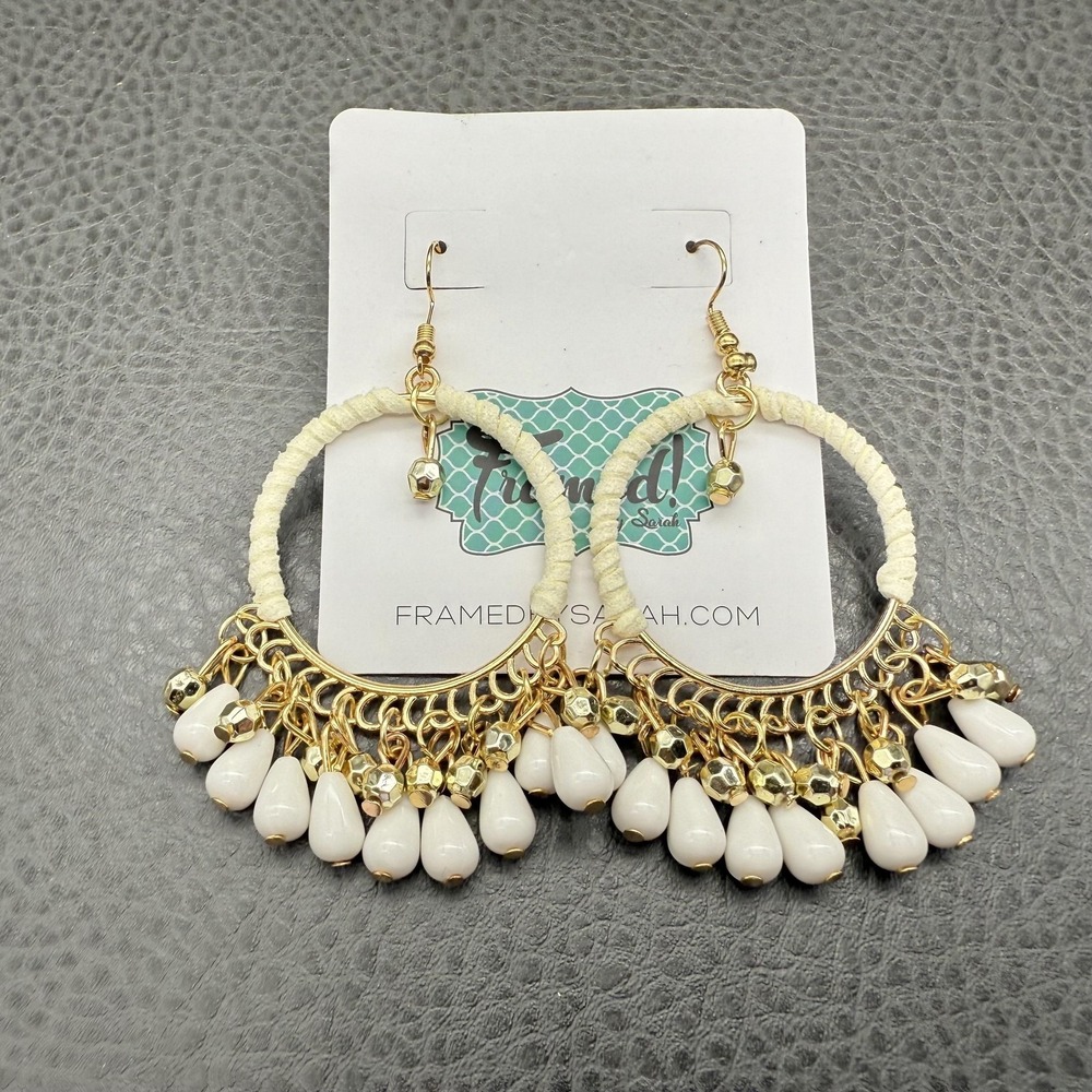Framed by Sarah Hoop Earrings Gold Tone White Bead‎ Dangle Statement Jewelry 3"